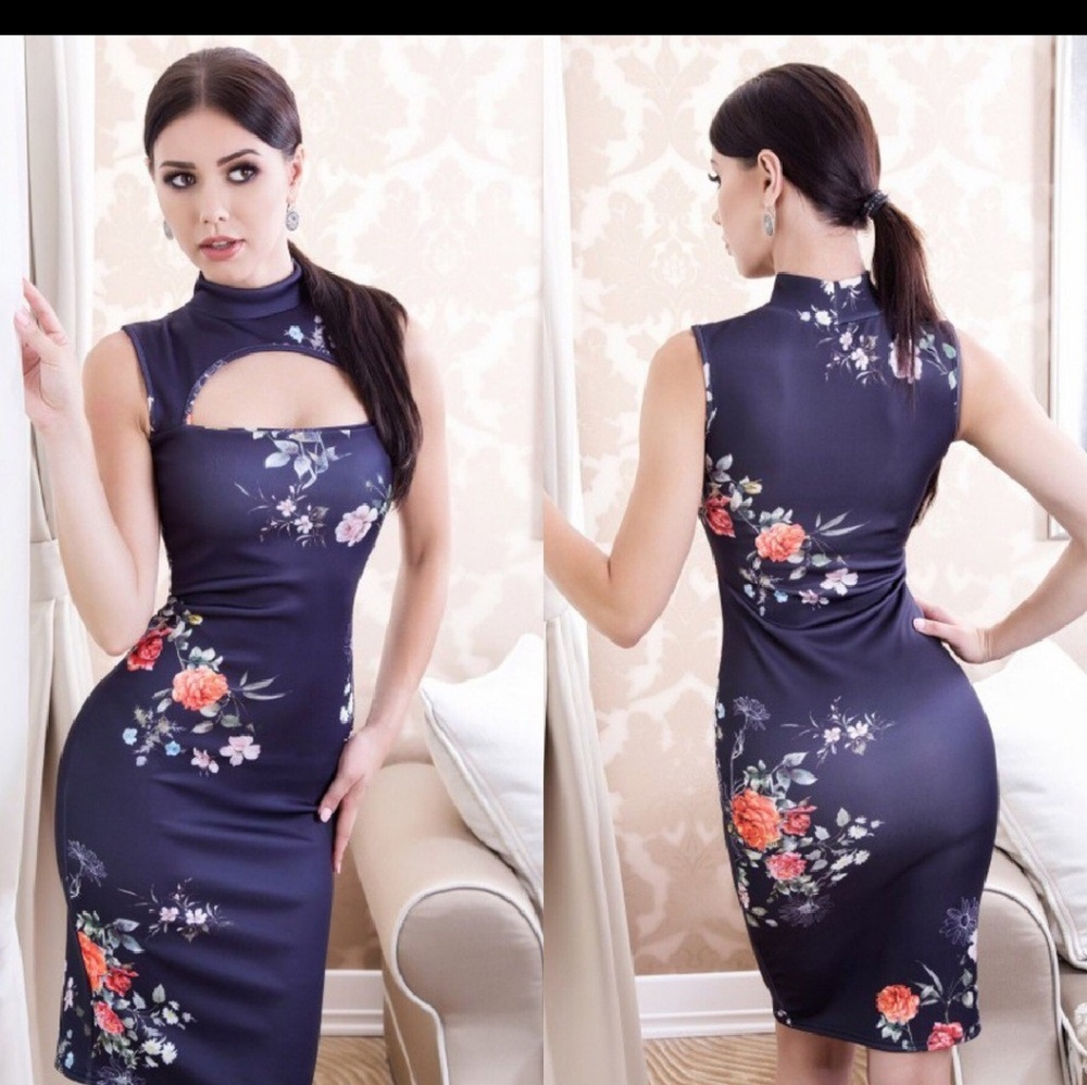 Navy floral cutout bodycon dress